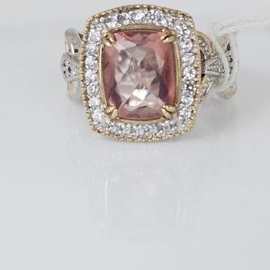 Genuine Morganite & Diamond Palladium Sterling Silver 18k Ring Size 7.5! NEW